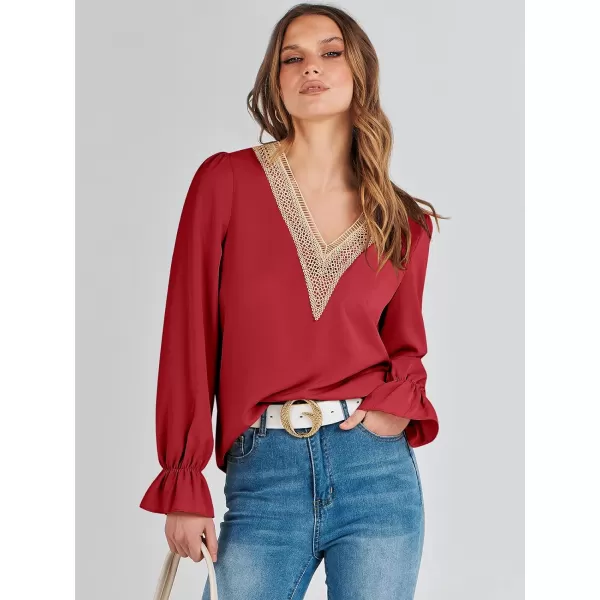imageANRABESS Womens Long Sleeve Tops Dressy Casual Loose Lace Trim V Neck Boho Blouse Shirt Fall Fashion 2023 Trendy ShirtsRed