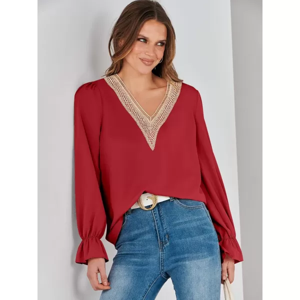 imageANRABESS Womens Long Sleeve Tops Dressy Casual Loose Lace Trim V Neck Boho Blouse Shirt Fall Fashion 2023 Trendy ShirtsRed