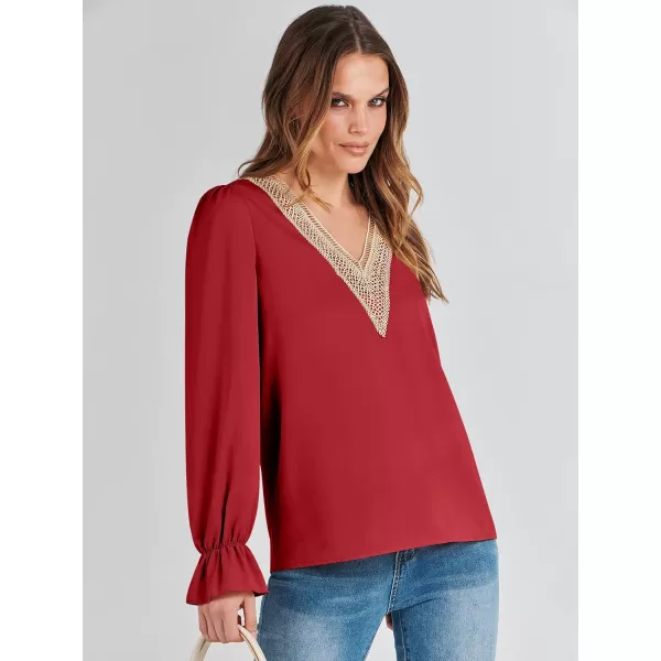 imageANRABESS Womens Long Sleeve Tops Dressy Casual Loose Lace Trim V Neck Boho Blouse Shirt Fall Fashion 2023 Trendy ShirtsRed
