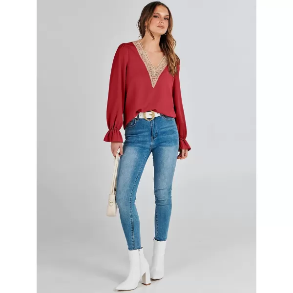 imageANRABESS Womens Long Sleeve Tops Dressy Casual Loose Lace Trim V Neck Boho Blouse Shirt Fall Fashion 2023 Trendy ShirtsRed