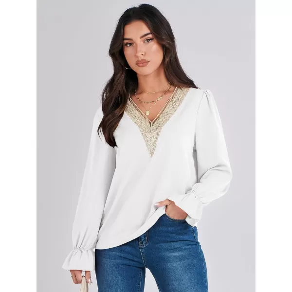 imageANRABESS Womens Long Sleeve Tops Dressy Casual Loose Lace Trim V Neck Boho Blouse Shirt Fall Fashion 2023 Trendy ShirtsWhite