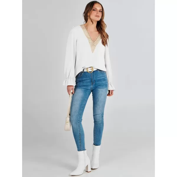 imageANRABESS Womens Long Sleeve Tops Dressy Casual Loose Lace Trim V Neck Boho Blouse Shirt Fall Fashion 2023 Trendy ShirtsWhite