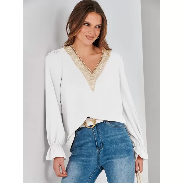 imageANRABESS Womens Long Sleeve Tops Dressy Casual Loose Lace Trim V Neck Boho Blouse Shirt Fall Fashion 2023 Trendy ShirtsWhite