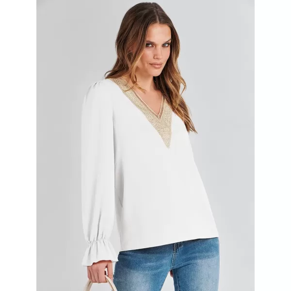 imageANRABESS Womens Long Sleeve Tops Dressy Casual Loose Lace Trim V Neck Boho Blouse Shirt Fall Fashion 2023 Trendy ShirtsWhite
