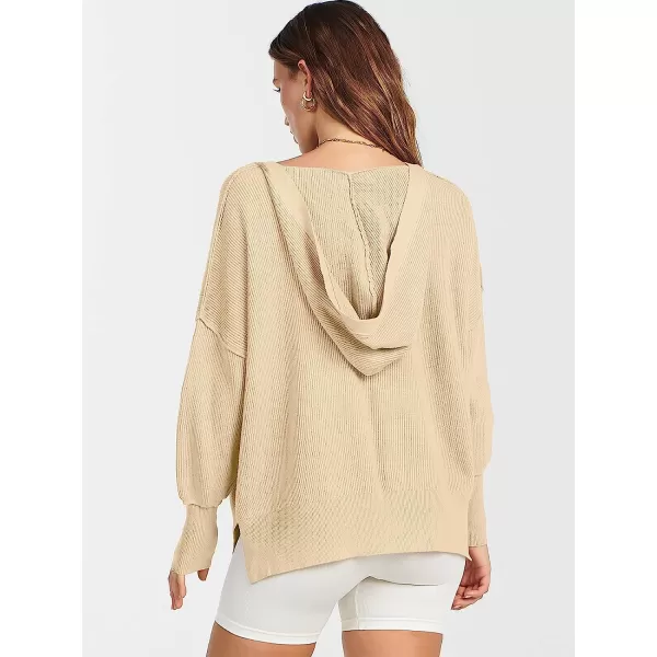 imageANRABESS Womens Long Sleeve V Neck Hooded Drop Shoulder Oversized Slouchy Knit Pullover Sweater with SlitApricot