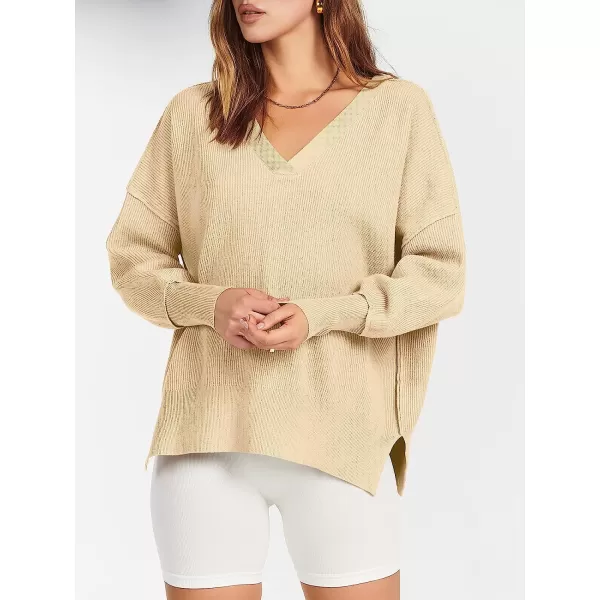 imageANRABESS Womens Long Sleeve V Neck Hooded Drop Shoulder Oversized Slouchy Knit Pullover Sweater with SlitApricot