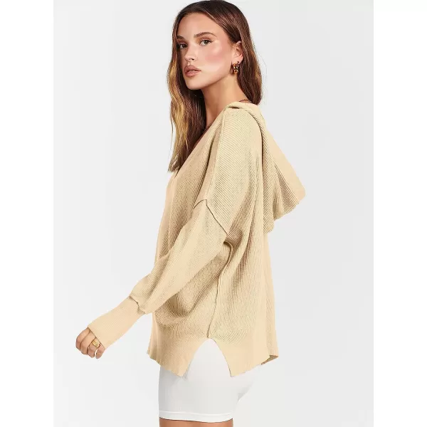 imageANRABESS Womens Long Sleeve V Neck Hooded Drop Shoulder Oversized Slouchy Knit Pullover Sweater with SlitApricot