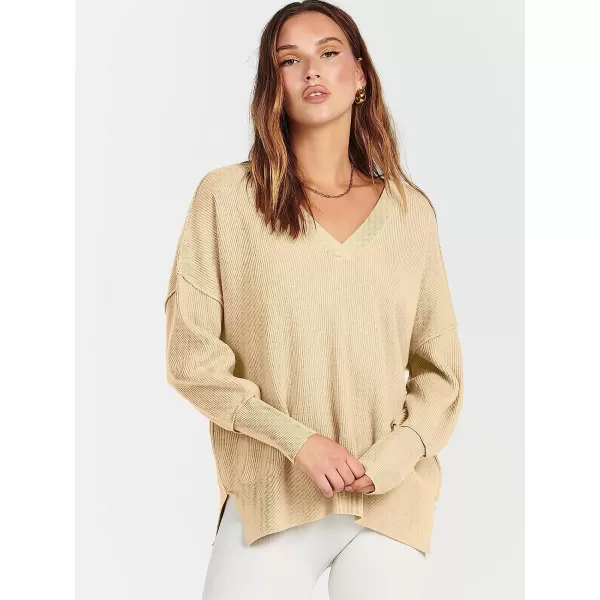 imageANRABESS Womens Long Sleeve V Neck Hooded Drop Shoulder Oversized Slouchy Knit Pullover Sweater with SlitApricot