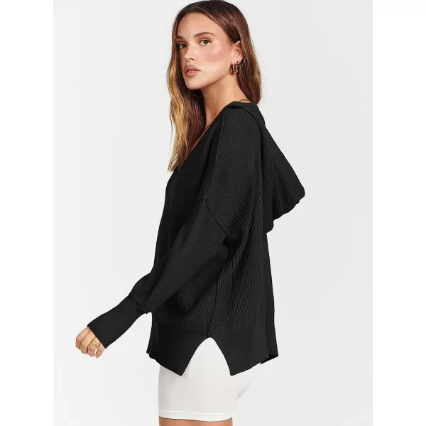 imageANRABESS Womens Long Sleeve V Neck Hooded Drop Shoulder Oversized Slouchy Knit Pullover Sweater with SlitBlack