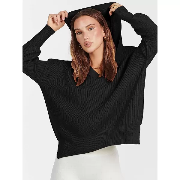 imageANRABESS Womens Long Sleeve V Neck Hooded Drop Shoulder Oversized Slouchy Knit Pullover Sweater with SlitBlack