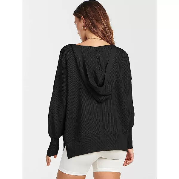 imageANRABESS Womens Long Sleeve V Neck Hooded Drop Shoulder Oversized Slouchy Knit Pullover Sweater with SlitBlack