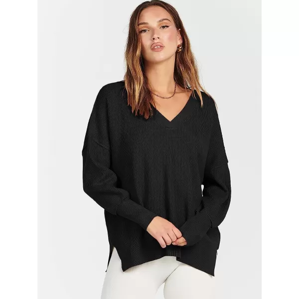 imageANRABESS Womens Long Sleeve V Neck Hooded Drop Shoulder Oversized Slouchy Knit Pullover Sweater with SlitBlack
