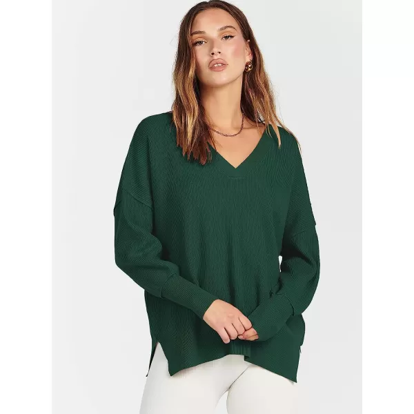 imageANRABESS Womens Long Sleeve V Neck Hooded Drop Shoulder Oversized Slouchy Knit Pullover Sweater with SlitDeep Green