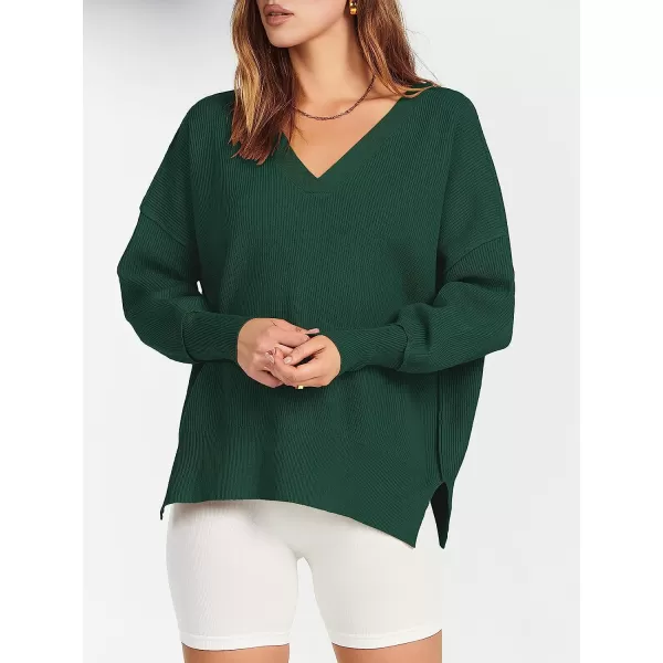 imageANRABESS Womens Long Sleeve V Neck Hooded Drop Shoulder Oversized Slouchy Knit Pullover Sweater with SlitDeep Green