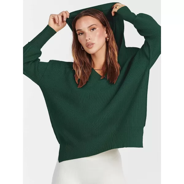 imageANRABESS Womens Long Sleeve V Neck Hooded Drop Shoulder Oversized Slouchy Knit Pullover Sweater with SlitDeep Green