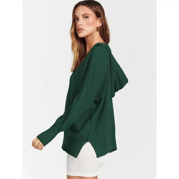 imageANRABESS Womens Long Sleeve V Neck Hooded Drop Shoulder Oversized Slouchy Knit Pullover Sweater with SlitDeep Green