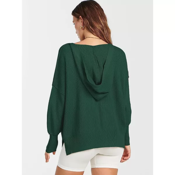 imageANRABESS Womens Long Sleeve V Neck Hooded Drop Shoulder Oversized Slouchy Knit Pullover Sweater with SlitDeep Green