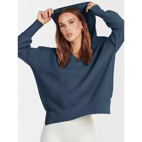 imageANRABESS Womens Long Sleeve V Neck Hooded Drop Shoulder Oversized Slouchy Knit Pullover Sweater with SlitDusty Blue