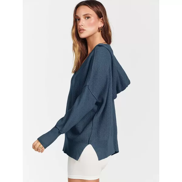 imageANRABESS Womens Long Sleeve V Neck Hooded Drop Shoulder Oversized Slouchy Knit Pullover Sweater with SlitDusty Blue