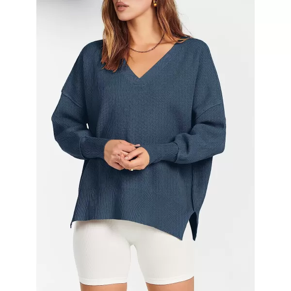 imageANRABESS Womens Long Sleeve V Neck Hooded Drop Shoulder Oversized Slouchy Knit Pullover Sweater with SlitDusty Blue