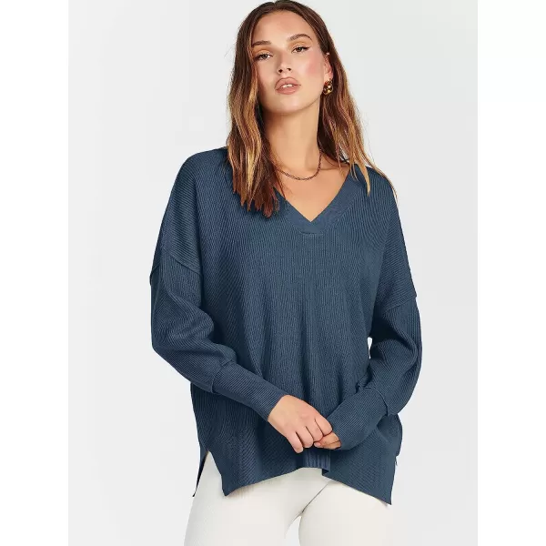 imageANRABESS Womens Long Sleeve V Neck Hooded Drop Shoulder Oversized Slouchy Knit Pullover Sweater with SlitDusty Blue