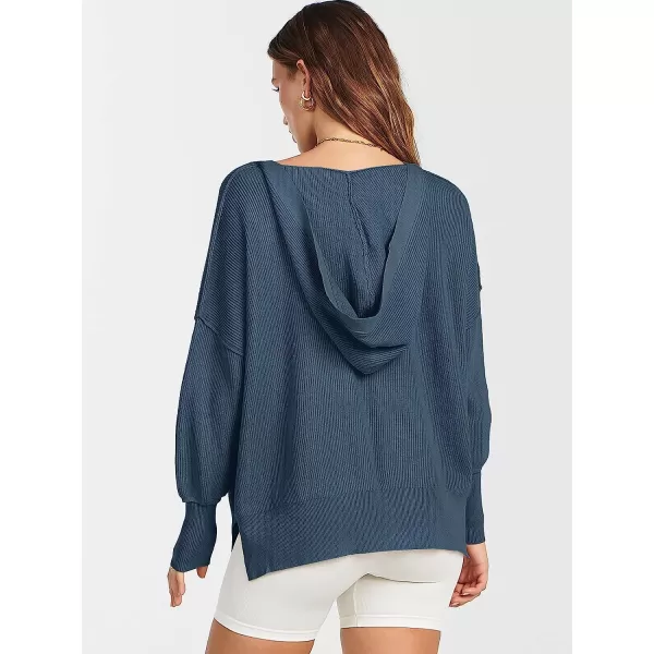 imageANRABESS Womens Long Sleeve V Neck Hooded Drop Shoulder Oversized Slouchy Knit Pullover Sweater with SlitDusty Blue