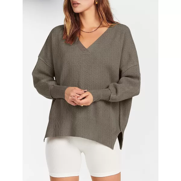 imageANRABESS Womens Long Sleeve V Neck Hooded Drop Shoulder Oversized Slouchy Knit Pullover Sweater with SlitGray Brown
