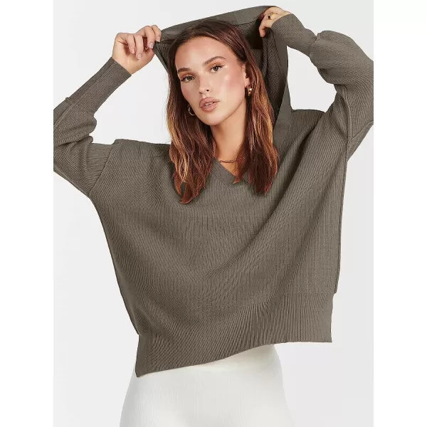 imageANRABESS Womens Long Sleeve V Neck Hooded Drop Shoulder Oversized Slouchy Knit Pullover Sweater with SlitGray Brown