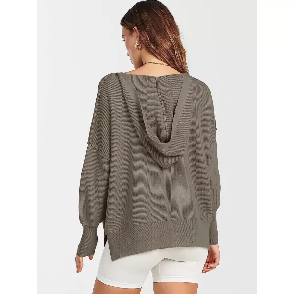 imageANRABESS Womens Long Sleeve V Neck Hooded Drop Shoulder Oversized Slouchy Knit Pullover Sweater with SlitGray Brown