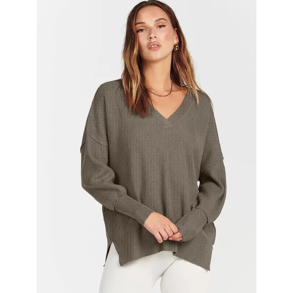 imageANRABESS Womens Long Sleeve V Neck Hooded Drop Shoulder Oversized Slouchy Knit Pullover Sweater with SlitGray Brown