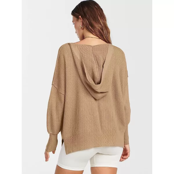 imageANRABESS Womens Long Sleeve V Neck Hooded Drop Shoulder Oversized Slouchy Knit Pullover Sweater with SlitKhaki