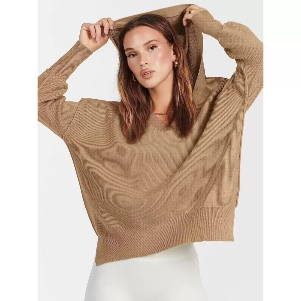imageANRABESS Womens Long Sleeve V Neck Hooded Drop Shoulder Oversized Slouchy Knit Pullover Sweater with SlitKhaki