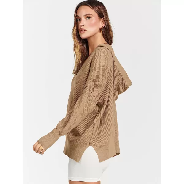 imageANRABESS Womens Long Sleeve V Neck Hooded Drop Shoulder Oversized Slouchy Knit Pullover Sweater with SlitKhaki
