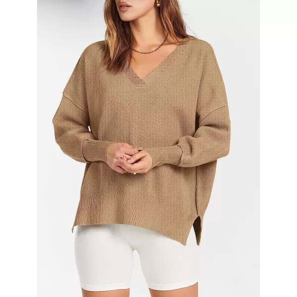 imageANRABESS Womens Long Sleeve V Neck Hooded Drop Shoulder Oversized Slouchy Knit Pullover Sweater with SlitKhaki