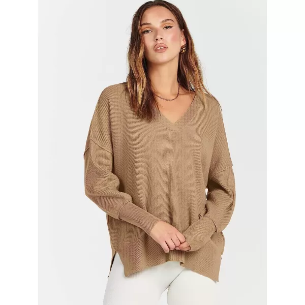 imageANRABESS Womens Long Sleeve V Neck Hooded Drop Shoulder Oversized Slouchy Knit Pullover Sweater with SlitKhaki