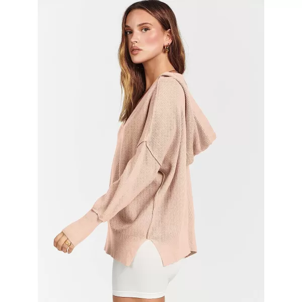 imageANRABESS Womens Long Sleeve V Neck Hooded Drop Shoulder Oversized Slouchy Knit Pullover Sweater with SlitPink
