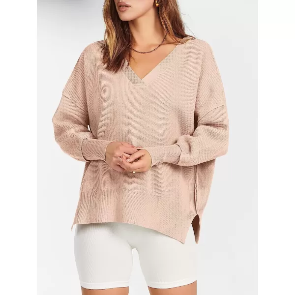 imageANRABESS Womens Long Sleeve V Neck Hooded Drop Shoulder Oversized Slouchy Knit Pullover Sweater with SlitPink