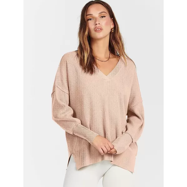 imageANRABESS Womens Long Sleeve V Neck Hooded Drop Shoulder Oversized Slouchy Knit Pullover Sweater with SlitPink