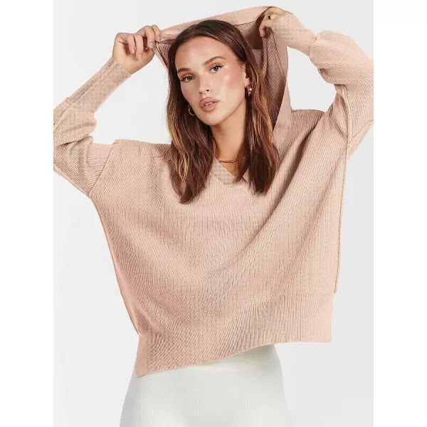 imageANRABESS Womens Long Sleeve V Neck Hooded Drop Shoulder Oversized Slouchy Knit Pullover Sweater with SlitPink