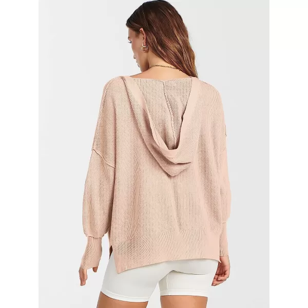 imageANRABESS Womens Long Sleeve V Neck Hooded Drop Shoulder Oversized Slouchy Knit Pullover Sweater with SlitPink