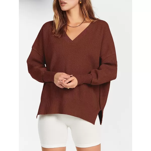 imageANRABESS Womens Long Sleeve V Neck Hooded Drop Shoulder Oversized Slouchy Knit Pullover Sweater with SlitRust