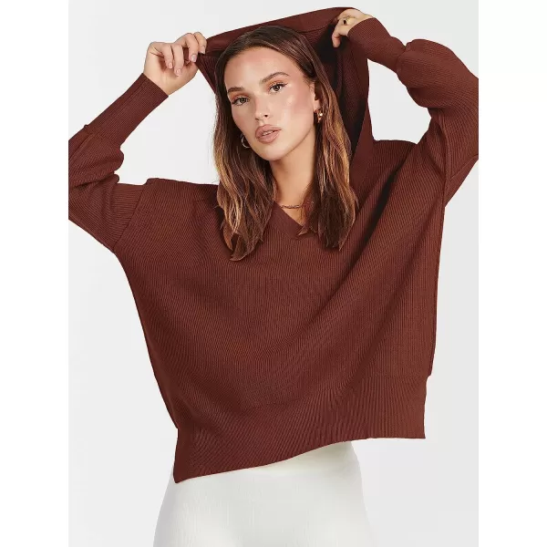 imageANRABESS Womens Long Sleeve V Neck Hooded Drop Shoulder Oversized Slouchy Knit Pullover Sweater with SlitRust