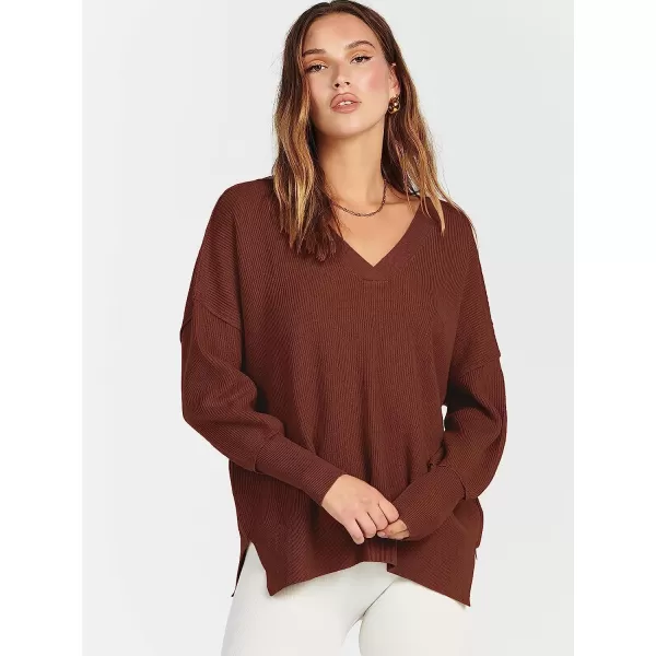 imageANRABESS Womens Long Sleeve V Neck Hooded Drop Shoulder Oversized Slouchy Knit Pullover Sweater with SlitRust