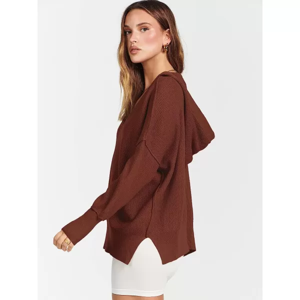 imageANRABESS Womens Long Sleeve V Neck Hooded Drop Shoulder Oversized Slouchy Knit Pullover Sweater with SlitRust