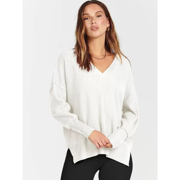 imageANRABESS Womens Long Sleeve V Neck Hooded Drop Shoulder Oversized Slouchy Knit Pullover Sweater with SlitWhite