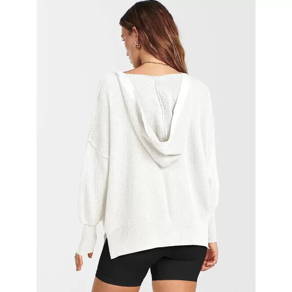 imageANRABESS Womens Long Sleeve V Neck Hooded Drop Shoulder Oversized Slouchy Knit Pullover Sweater with SlitWhite