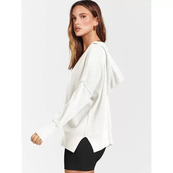 imageANRABESS Womens Long Sleeve V Neck Hooded Drop Shoulder Oversized Slouchy Knit Pullover Sweater with SlitWhite