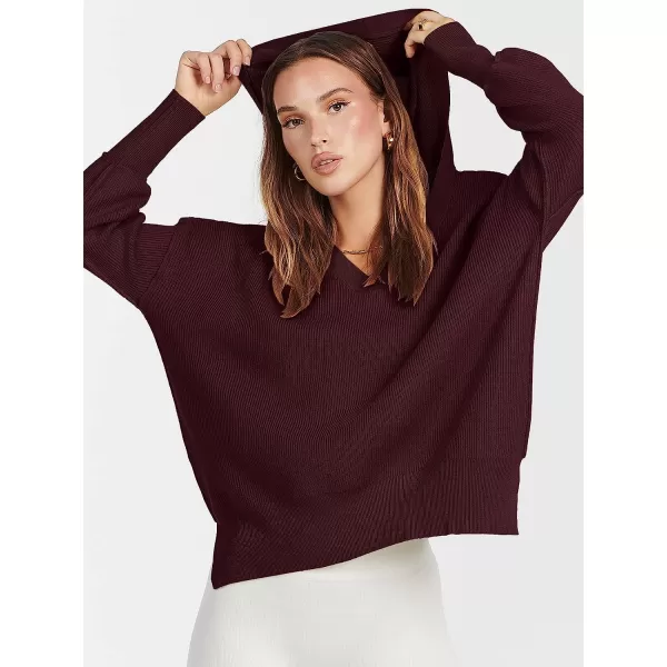 imageANRABESS Womens Long Sleeve V Neck Hooded Drop Shoulder Oversized Slouchy Knit Pullover Sweater with SlitWine Red