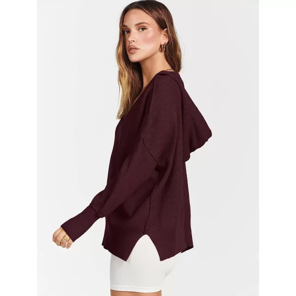imageANRABESS Womens Long Sleeve V Neck Hooded Drop Shoulder Oversized Slouchy Knit Pullover Sweater with SlitWine Red