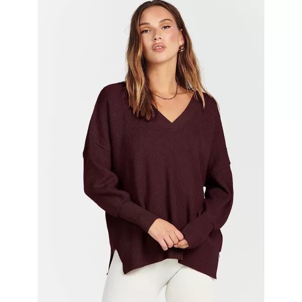imageANRABESS Womens Long Sleeve V Neck Hooded Drop Shoulder Oversized Slouchy Knit Pullover Sweater with SlitWine Red